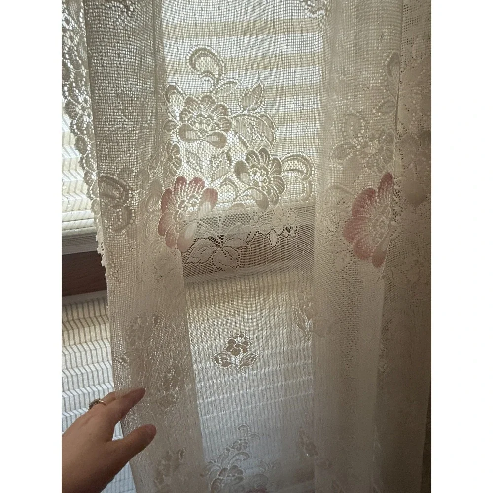 Vintage Ivory Lace Sheer Window Curtain Panel Pink Floral Cottage Shabby Chic (2